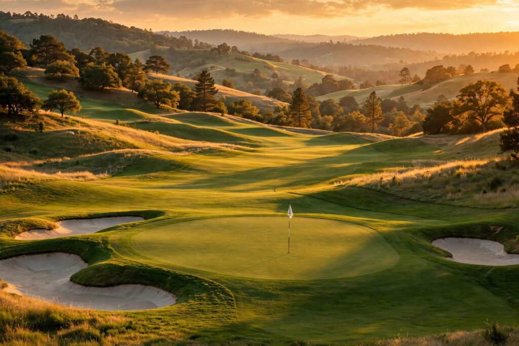 Golden hour over a golf course fairway