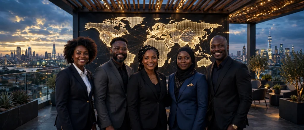 Black entrepreneurs worldwide — business professionals with glowing world map