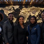 Black entrepreneurs worldwide — business professionals with glowing world map