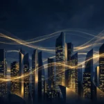 Financial district skyline at dusk