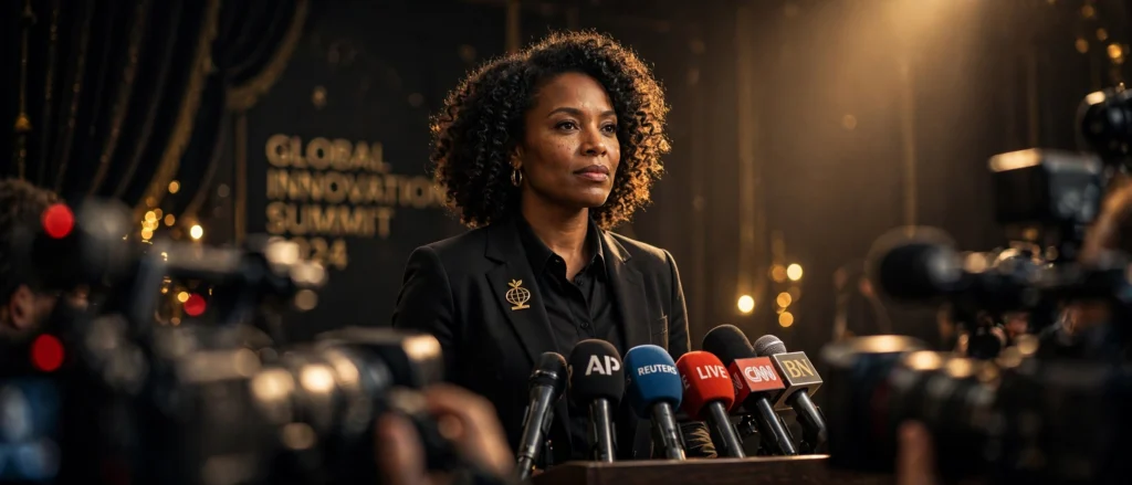 Black businesswoman at press conference with media microphones