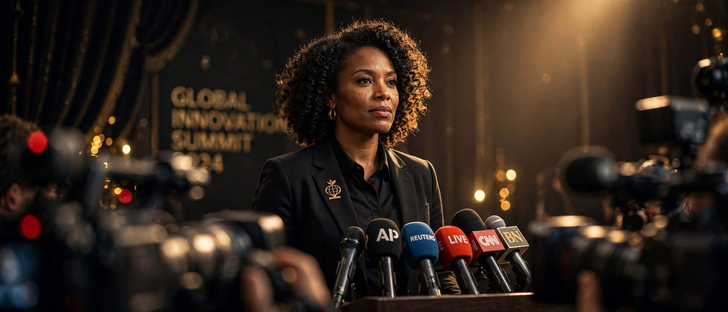 Black businesswoman at press conference with media microphones